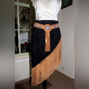 Vintage 3B West Black and Tan Asymmetrical Skirt with Fringe and Beaded Belt